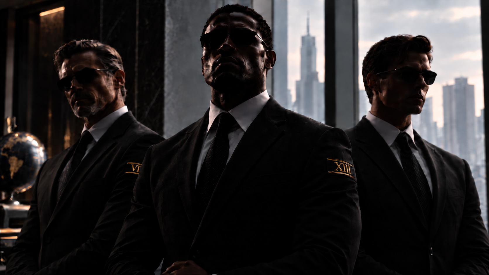 Three sharply dressed Illuminati Corporation representatives with an African American man in the center
